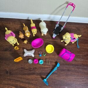 Barbie Pets Dogs Bundle Pet Stroller Pooper Scooper Kennel Dog Beds 20+ pieces